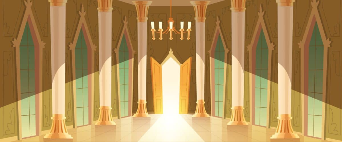 Vector castle hall, interior of ballroom for dancing, presentation or royal reception. Big room with chandelier, closed windows. Open door, light illuminates columns, pillars in luxury medieval palace